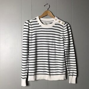 LOFT GRAY WHITE STRIPED SWEATER DECORATIVE BUTTONS 100% COTTON WOMENS SIZE XS
